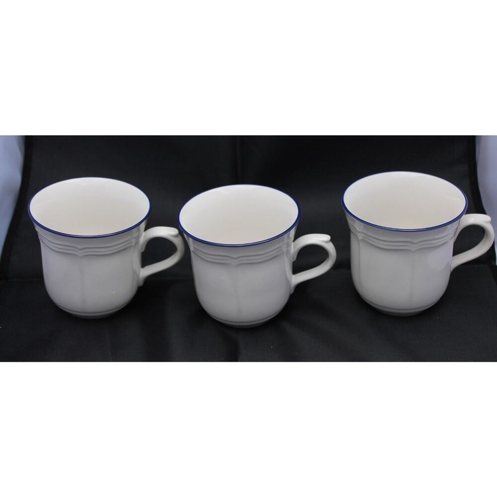 NEWCOR Stoneware Thailand Coffee Cup set of 3-White Tea Cup w/Blue Rim
